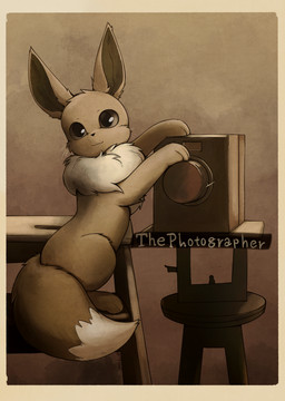 ambiguous_gender border brown_body brown_eyes brown_fur camera dipstick_tail feral fluffy fluffy_tail fur furniture long_ears markings neck_tuft smile solo table tail tail_markings tuft otakuap nintendo pokemon eevee generation_1_pokemon pokemon_(species) 2025 brown_theme hi_res shaded signature