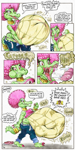 afro after_vore anthro belly big_belly bottomwear clothing denim denim_bottomwear denim_clothing duo female female_pred female_prey green_body huge_belly jeans overweight pants purple_clothing purple_shirt purple_topwear shirt simple_background speech_bubble text topwear vore white_background killboo donkey_kong_(series) nintendo kalypso tiny_kong kremling scalie 1:2 2025 comic english_text hi_res