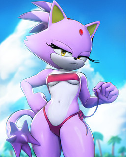 5_fingers anthro bandeau_bikini bikini biped black_nose blurred_background breasts cheek_tuft clothed clothed_anthro clothed_female clothing cloud detailed_background eyelashes facial_tuft fangs female female_anthro fingers forehead_gem fur gem glistening glistening_body glistening_eyes glistening_legs glistening_thighs half-closed_eyes hand_on_hip hand_on_own_hip looking_at_viewer mouth_closed multicolored_body multicolored_fur narrowed_eyes navel nipple_outline outside palm_tree pink_bikini pink_clothing pink_swimwear plant pointy_ears prick_ears purple_body purple_fur purple_tail red_gem sky small_breasts solo standing swimwear tail teeth tree tuft two-piece_swimsuit two_tone_body two_tone_fur under_boob white_body white_fur yellow_eyes yellow_inner_ear sala3dart sega sonic_the_hedgehog_(series) blaze_the_cat domestic_cat felid feline felis mammal 2026 3d_(artwork) 4:5 absurd_res digital_media_(artwork) hi_res