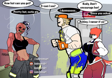 5_fingers anthro backwards_baseball_cap backwards_hat baseball_cap beak big_breasts black_clothing black_crop_top black_leotard black_sclera black_shirt black_topwear bottomwear breasts brown_hair burn_scar cigarette cigarette_in_mouth cleavage_cutout clothing crop_top curvy_figure cutout detailed_background dialogue exit_sign eyelashes feathers female fingerless_gloves fingers gloves green_paint group hair handwear hat headgear headwear hoodie inside instagram_logo leotard light-skinned_male light_body light_skin low-riding male multicolored_body multicolored_feathers object_in_mouth open_mouth open_smile orange_clothing orange_gloves orange_handwear paint pants red_body red_bottomwear red_clothing red_feathered red_pants reddit_logo scar shirt smile smoking smoking_cigarette sweatpants t-shirt tail tail_feathers text tiktok_logo topwear trio two_tone_body two_tone_feathers voluptuous voluptuous_anthro voluptuous_female white_body white_clothing white_feathers white_shirt white_t-shirt white_topwear x_logo yellow_eyes aabramsart instagram reddit tiktok x_(social_media) ashley_(aabramsart) tanya_(aabramsart) avian bird human mammal 2026 artist_name digital_drawing_(artwork) digital_media_(artwork) english_text hi_res watermark