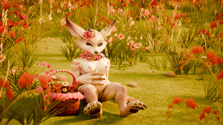 accessory anthro breasts female female_anthro flower flower_in_hair genitals hair hair_accessory medium_breasts nipples nude one_eye_closed outside pawpads paws plant pregnant pregnant_anthro pregnant_female sitting sitting_on_ground smile solo vulva wink perromalo blizzard_entertainment warcraft canid mammal vulpera 16:9 3d_(artwork) digital_media_(artwork) hi_res widescreen