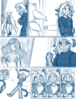 against_surface against_wall anthro barefoot bikini breasts cloak clothed clothed_anthro clothed_humanoid clothing crossed_arms dialogue eyebrow_through_hair eyebrows eyes_closed feet female food fully_clothed fully_clothed_anthro fully_clothed_humanoid hair heart_symbol holding_object holding_tool holding_utensil inside kitchen_utensils navel on_one_leg open_mouth open_smile pancake smile standing swimwear tail tail_motion tailwag text tongue tongue_out tools translucent translucent_hair two-piece_swimsuit walking conditional_dnp tom_fischbach twokinds karen_taverndatter kathrin_vaughan madelyn_adelaide maren_taverndatter animal_humanoid basitin canid canine canis cat_humanoid felid felid_humanoid feline feline_humanoid humanoid hybrid keidran mammal mammal_humanoid pantherine snow_leopard wolf 2026 blue_and_white comic english_text monochrome sketch