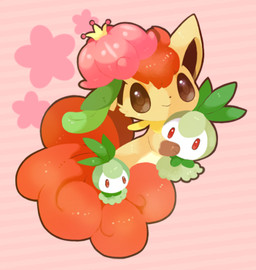 accessory ambiguous_gender brown_body brown_eyes brown_fur brown_inner_ear brown_markings carrying_another chibi clothing curled_tail feral flower flower_in_hair fur gloves_(marking) green_body group hair hair_accessory hat headgear headwear holding_another leaf markings multi_tail orange_body orange_fur orange_hair orange_tail pattern_background pink_flower plant red_eyes simple_background smile striped_background tail tan_body tan_fur trio white_body white_fur white_markings michi_runi nintendo pokemon canid canine elemental_creature flora_fauna generation_1_pokemon generation_5_pokemon mammal petilil pokemon_(species) vulpix low_res