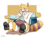 anthro belly blue_eyes blush bottomwear clothing fur male navel orange_body orange_fur shorts sitting slightly_chubby solo young young_anthro young_male mirai8k crave_saga caladbolg_(crave_saga) ailurid mammal red_panda 2023 hi_res