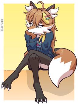 3_toes accessory anthro black_body black_fur claws clothing feet female fur hair_accessory hairclip hoodie inner_ear_fluff orange_body orange_fur simple_background sitting tail teeth toes topwear tuft white_body white_fur yellow_eyes retsgar autumn_(retsgar) canid canine fox mammal 3:4 digital_media_(artwork) hi_res