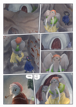 ambiguous_gender anthro biped black_body black_fur cave cave_painting clothed clothing dialogue dialogue_box fur grey_body group hat headgear headwear inside male proboscis_(anatomy) speech_bubble tail text trio trunk_(anatomy) bjekkergauken imbali_(bjekkergauken) isilo_(bjekkergauken) avian bird elephant elephantid mammal proboscidean unknown_species 2025 comic english_text hi_res