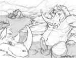 anthro balls bathing erection fluffy fur genitals group happy head_tuft horn hot_spring legs_in_water male navel partially_submerged penis play_fighting shaggy_fur smile splash steam submerged_legs tuft water wet conditional_dnp sefeiren mammal prehistoric_species rhinoceros woolly_rhinoceros monochrome sketch