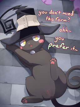 anus blush blush_lines blush_stickers clothing curled_tail female feral genitals hat headgear headwear lying on_back on_side open_mouth pawpads paws pink_pawpads presenting solo stone_floor tail teasing teasing_viewer text vulva yellow_eyes raxea soul_eater blair_(soul_eater) felid feline felis mammal 2026 absurd_res colored digital_media_(artwork) hi_res