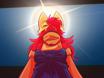 ambiguous_gender anthro clothed clothing fangs fur hair light mask pink_body pink_fur simple_background smile solo sun sunlight teeth wearing_mask srlykaios hi_res
