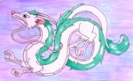 blue_body blue_fur claws feet feral fur green_eyes horn male multicolored_body multicolored_fur pink_nose simple_background solo tail talons toes two_tone_body two_tone_fur whiskers white_body white_fur glury_the_unown asian_mythology east_asian_mythology ghibli mythology spirited_away haku_(spirited_away) dragon eastern_dragon furred_dragon furred_scalie mythological_creature mythological_scalie scalie hi_res traditional_media_(artwork)