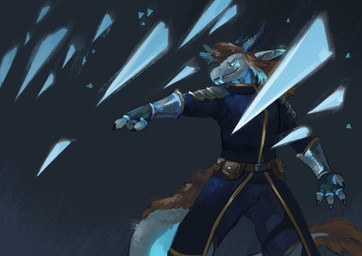 4_fingers anthro armor belt belt_pouch black_claws blue_body blue_clothing blue_coat blue_eyes blue_topwear bottomwear brown_hair buckle claws clothing coat fingerless_gloves fingers gesture gloves glowing glowing_eyes grey_background grey_body hair hand_gesture handwear horn looking_forward magic_user male markings pants pointing shards simple_background solo spaulder standing tail tail_tuft topwear tuft vambrace babanasaur mythology shoon_(yotambc) dragon mythological_creature mythological_scalie scalie 2021 digital_media_(artwork) hi_res