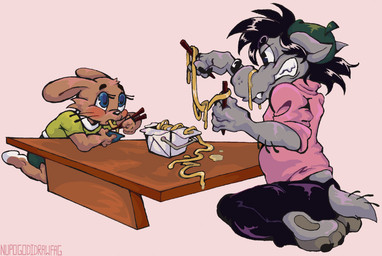 anthro duo food male male/male noodles nupogodidrawfag soyuzmultfilm well_just_you_wait! volk_(wjyw) zayats_(wjyw) canid canine canis hare lagomorph leporid mammal rabbit wolf hi_res