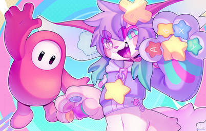 4_fingers ambiguous_gender anthro biped clothed clothed_anthro clothed_male clothing duo fingers front_view fur hair looking_at_viewer male navel open_mouth open_smile pink_body pink_fur pink_tail purple_hair smile standing tail teeth tongue jinxit fall_guys fall_guy mammal 2025 digital_drawing_(artwork) digital_media_(artwork) hi_res