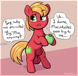 aged_down animal_genitalia apple balls big_balls biped bipedal_feral bodily_fluids dialogue feral food freckles fruit fur genitals hair holding_object male male_feral offscreen_character orange_hair penis plant red_body red_fur semi-anthro sheath shota small_but_hung solo speech_bubble sweat sweatdrop talking_feral text young young_feral young_male heshieokf friendship_is_magic hasbro my_little_pony big_macintosh_(mlp) earth_pony equid equine horse mammal pony english_text hi_res