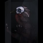 ambiguous_gender anthro beak black_beak black_body black_fur bone empty_eye_sockets fingerless_(marking) fur neck_tuft nude simple_background skull skull_head solo standing tuft riorix species_request half-length_portrait hi_res portrait signature