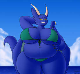 5_fingers anthro belly big_belly big_breasts bikini black_claws blue_body blue_eyebrows breasts claws cleavage clothed clothing cloud day eyebrows female fingers hand_on_belly horn huge_belly huge_breasts huge_hips huge_thighs looking_at_viewer navel navel_piercing non-mammal_breasts non-mammal_navel outside overweight overweight_anthro overweight_female piercing sharp_teeth solo swimwear tail tan_horn teal_wings teeth thick_thighs two-piece_swimsuit under_boob water wide_hips wings yellow_eyes day-tripper-guy mythology blue_(day-tripper-guy) dragon mythological_creature mythological_scalie scalie 2021 hi_res shaded