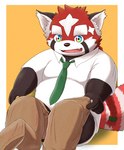 anthro belly black_body black_nose bottomwear clothing humanoid_hands kemono male necktie overweight overweight_male pants red_body shirt simple_background sitting slightly_chubby solo topwear underwear undressing white_body 5groo5 lifewonders tokyo_afterschool_summoners zhurong_(tas) ailurid mammal red_panda 2021 hi_res