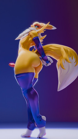 animal_genitalia animal_penis anthro armwear big_butt big_penis blue_eyes bridal_gauntlets butt canine_genitalia canine_penis clothing erection femboy fur genitals legwear looking_back male multicolored_body multicolored_fur penis solo standing tail thigh_highs white_body white_fur yellow_body yellow_fur stopcallingmeafurry_(artist) bom39_(modeler) bandai_namco digimon renamon_(bom39) canid digimon_(species) mammal renamon 3d_(artwork) 9:16 digital_media_(artwork) hi_res