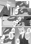 anthro canid canine canis chest_tuft clothing comic cotton_(artist) dialogue domestic_dog english_text eyes_closed fur greyscale male mammal monochrome natsume_(tooboe_bookmark) nitobe sleeping text tooboe_bookmark tuft