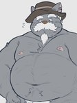 anthro belly big_belly clothing facial_hair hat headgear headwear kemono male mature_male moobs mustache navel nipples overweight overweight_male simple_background solo whitebeast20 level-5 ni_no_kuni:_cross_worlds ni_no_kuni_(series) janon_(ni_no_kuni) canid canine mammal 2022 3:4 hi_res