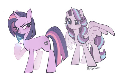 blush cutie_mark duo female feral horn role_reversal simple_background smile wings petaltwinkle friendship_is_magic hasbro my_little_pony mythology starlight_glimmer_(mlp) twilight_sparkle_(mlp) equid equine mammal mythological_creature mythological_equine unicorn winged_unicorn hi_res