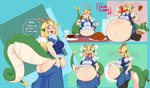 belly big_belly blonde_hair blue_background blue_clothing blue_eyes blue_shirt blue_topwear bottomwear breasts butt clothing female food hair huge_belly overweight shirt simple_background skirt solo stuffing tail text topwear weight_gain clinkoclinko mythology animal_humanoid dragon dragon_humanoid humanoid mythological_creature mythological_scalie scalie 2023 absurd_res english_text hi_res