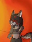 anthro black_hair breasts broken_horn brown_eyes claws clothed clothing collar female fur grey_body grey_fur grey_tail hair horn looking_at_viewer nails red_eyes red_hair red_horn red_tail simple_background smile solo tail white_body white_fur crybitur suwyzid canid felid hybrid mammal hi_res