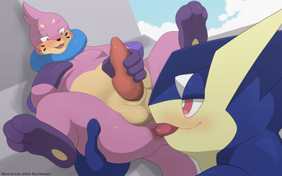 3_toes 4_fingers alternate_color anal animal_genitalia anthro anus balls blush bodily_fluids duo erection feet fingers genitals holding_penis male male/male male_rimming_male masturbating_while_rimmed masturbation oral penis pink_body purple_feet purple_hands rimming sex sheath smile spread_legs spreading sweat toes tongue tongue_out winick-lim nintendo pokemon buizel generation_4_pokemon generation_6_pokemon greninja pokemon_(species) 16:10 2024 absurd_res hi_res widescreen