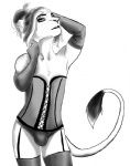 bulge clothed clothing corset crossdressing femboy fur garter_straps hair legwear lingerie looking_at_viewer male panties short_hair simple_background solo stockings tail tail_tuft topwear tuft underwear white_background zippers felid lion mammal pantherine greyscale monochrome