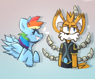 anthro ashleigh_ball biped blue_body blue_eyes clothing cross-popping_vein duo emanata female frown fur gradient_background grin grumpy looking_away male orange_body orange_fur shirt simple_background smile text topwear voice_actor_joke wings swiftifizzix friendship_is_magic hasbro my_little_pony mythology netflix sega sonic_prime sonic_the_hedgehog_(series) rainbow_dash_(mlp) tails_nine canid canine equid equine fox horse mammal mythological_creature mythological_equine pegasus pony red_fox true_fox 2022 artist_name colored colored_sketch digital_drawing_(artwork) digital_media_(artwork) hi_res sketch