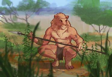 anthro areola athletic athletic_anthro athletic_male bottomwear clothed clothing crouching feet fingers forest fur holding_melee_weapon holding_object holding_polearm holding_spear holding_weapon loincloth loincloth_only male mane melee_weapon muscular muscular_male nipples outside pecs plant polearm solo spear tail toes topless topless_anthro topless_male tree weapon rozgi felid lion mammal pantherine digital_media_(artwork)