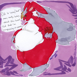 after_transformation alternate_species anthro belly belly_overhang big_belly big_butt big_ears biped black_sclera brown_hair butt feet femboy fur green_eyes grey_body grey_fur hair hand_on_own_belly hip_squish huge_thighs looking_at_belly love_handles male moobs multicolored_body multicolored_fur navel nude obese obese_anthro obese_male open_mouth overweight overweight_anthro overweight_male pink_background red_body red_fur simple_background solo speech_bubble squish standing talking_to_self text thick_thighs three-quarter_view white_body white_fur rubydragon03 chinese_zodiac nintendo pokemon year_of_the_rabbit fan_character justin_(arnoch) generation_4_pokemon lagomorph lopunny mammal pokemon_(species) 2023 english_text full-length_portrait hi_res painting_(artwork) pen_(artwork) portrait signature story_at_source traditional_media_(artwork) watercolor_(artwork)