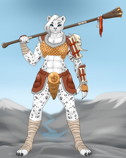 abs anthro armor breasts clothed clothing female fur hair holding_object holding_weapon looking_at_viewer melee_weapon muscular muscular_anthro muscular_female simple_background solo spots standing weapon weapon_on_shoulder blackbetty felid leopard mammal pantherine snow_leopard 4:5 hi_res