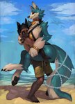 accessory anthro arm_tuft barefoot beach big_breasts bikini black_hair blue_body blue_fur bodily_fluids bottomwear bracelet breasts brown_body brown_fur carrying_another carrying_partner cheek_tuft claws clothed clothed_anthro clothed_female clothing cloud collar collar_tag countershade_fur countershading day drawstring_bottomwear duo ear_piercing elbow_tuft eyelashes eyeshadow face_in_breasts facial_tuft feet female female_anthro fingers fur furgonomics gloves_(marking) gold_(metal) gold_bracelet gold_ear_piercing gold_jewelry hair heart_collar_tag jewelry leg_markings looking_at_another looking_at_partner looking_down_at_partner looking_up_at_partner makeup male male/female male_anthro markings outside pawpads piercing red_eyeshadow sand sea seaside shirtless_anthro shirtless_male shorts shoulder_tuft sky socks_(marking) standing sweat swimwear tail tail_accessory tail_jewelry thick_thighs toe_claws tuft two-piece_swimsuit water whiskers white_body white_fur pajamamcham kloey_(pajamamcham) mutt_(muart242) ambient_pterosaur canid canine canis domestic_dog mammal 2025 absurd_res dated digital_media_(artwork) digital_painting_(artwork) hi_res painting_(artwork) signature