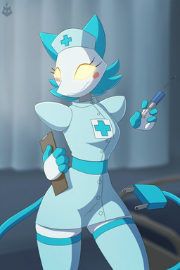 4_fingers anthro cable_tail clipboard clothing electrical_plug_tail eyelashes female fingers floating_hands hat headgear headwear holding_object holding_weapon legwear machine nurse_clothing nurse_hat nurse_headwear nurse_uniform solo syringe tail uniform weapon kirumo-kat deltarune undertale_(series) tasque_manager darkner felid feline mammal robot 2022 2:3 absurd_res digital_media_(artwork) hi_res