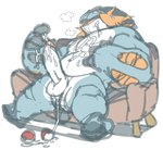 anthro belly biped blue_body bodily_fluids breath cum cum_on_belly cum_on_body cum_on_hand cum_on_penis erection flushed furniture genital_fluids genitals hand_on_belly hand_on_own_belly looking_at_genitalia looking_at_own_penis looking_at_penis looking_at_self male nude on_sofa panting pecs penis pokeball simple_background sitting sitting_on_sofa slightly_chubby slightly_chubby_anthro slightly_chubby_male sofa solo white_background analon_(artist) nintendo pokemon generation_6_pokemon mega_evolution mega_swampert pokemon_(species) hi_res
