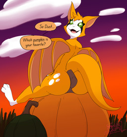 anthro butt feet female food fruit fur green_eyes green_sclera holidays looking_back markings membrane_(anatomy) membranous_wings nude open_mouth orange_body orange_fur plant presenting pumpkin rear_view simple_background sitting smile solo speech_bubble suggestive sunset talking_to_another text white_body white_fur wings conditional_dnp feelin_synful dust:_an_elysian_tail halloween fidget_(elysian_tail) bat mammal nimbat digital_media_(artwork) english_text hi_res