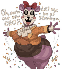 4_fingers big_breasts black_eyebrows black_eyes black_eyeshadow black_nose blush blush_stickers bottomwear breasts buckteeth clothed clothing countershading crossgender eyebrows eyeshadow female fingers fur gem huge_thighs jewelry lips lipstick machine makeup missing_tooth necklace orange_clothing overweight overweight_female pearl_(gem) pearl_necklace pink_inner_ear pink_lipstick pink_tongue purple_body purple_ears purple_fur purple_tail rosy_cheeks scut_tail short_tail skirt solo tail teeth text thick_bottom_lip thick_thighs tongue white_body white_countershading kryadrawgin five_nights_at_freddy's five_nights_at_freddy's:_secret_of_the_mimic scottgames mr._helpful_(fnaf) animatronic bear mammal robot english_text hi_res