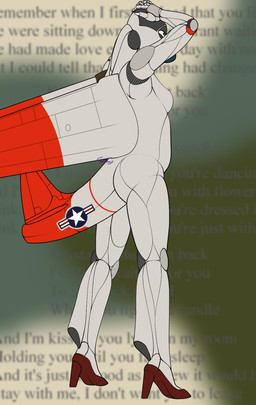 aircraft anthro breasts clothing female footwear high_heels looking_forward lyrics machine not_furry nude raised_arm shoes small_breasts solo standing text vehicle tabaticbloom cigarettes_after_sex krystal_the_p80 aeromorph living_aircraft living_machine living_vehicle p80 2020 colored english_text hi_res