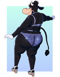 anthro big_butt black_body bra butt clothing female fishnet_clothing gloves handwear horn panties pose rear_view solo spread_arms tail underwear wide_hips boolishclara disney clarabelle_cow bovid bovine cattle mammal hi_res