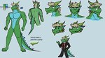 athletic black_tie_(suit) butt clothing green_body green_scales male scales slightly_muscular smile smirk solo suit tail text antifreezetea mythology celadon_vian dragon mythological_creature mythological_scalie reptile scalie 16:9 english_text hi_res model_sheet widescreen