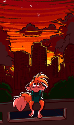 anthro bottomless building cheek_tuft clothed clothing cloud ear_tuft eyewear facial_tuft feet glasses glistening glistening_nose looking_to_sky looking_up male outline pantsless plant shrub simple_background sitting solo sunset sweater sweater_only tail toony topwear topwear_only tuft wearing_glasses white_outline zilchfox zilch_(zilchfox) canid canine fox mammal red_fox true_fox hi_res