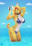 2015 anthro athletic athletic_anthro athletic_female bikini blonde_hair breasts clothed clothing collar detailed_background digital_media_(artwork) felid feline female grin hair hi_res lynx mammal outside piercing red_eyes sable_(characters) sable_(shadowolfox) scar sea seascape shaded simple_background sky smile solo summer swimwear two-piece_swimsuit under_boob water wyla
