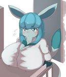 anthro big_breasts blue_body blue_eyes blush breasts clothed clothing female looking_at_viewer pokemorph solo nigiruri nintendo pokemon eeveelution generation_4_pokemon glaceon pokemon_(species) absurd_res hi_res tagme