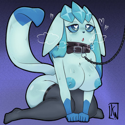 anthro areola big_breasts blue_areola blue_body blue_eyes blue_fur blue_nipples blue_sclera bodily_fluids breasts chain_collar clothing collar dipstick_tail ears_down eyelashes feet female front_view fur gloves_(marking) grey_clothing grey_legwear grey_stockings heart_eyes heart_symbol kneeling leash leashed_collar legwear legwear_only markings mostly_nude nipples open_mouth pivoted_ears purple_background simple_background solo stockings stockings_only sweat tail tail_markings text katoneko nintendo pokemon eeveelution generation_4_pokemon glaceon pokemon_(species) 1:1 english_text hi_res