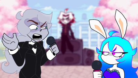 4_fingers anthro arms_bent black_bow_tie black_clothing black_eyes black_mouth black_suit blue_clothing blue_hair blue_pupils blue_shirt blue_sky blue_topwear blurred_background bow_tie breasts brown_eyebrows building clothed clothed_humanoid clothing cloud day duo_focus electronics eyebrow_through_hair eyebrows eyelashes female female_anthro fingers fully_clothed fully_clothed_humanoid grey_hair group hair holding_microphone holding_object long_ears long_hair looking_at_another male male_humanoid medium_hair microphone mouthless multicolored_hair no_pupils noseless outside plant pupils purple_eyebrows purple_eyes rap_battle red_clothing red_hair red_shirt red_topwear shirt sitting sitting_on_speaker sky speaker stone_floor suit tan_inner_ear teeth topwear translucent translucent_hair tree trio two_tone_hair wavy_hair white_hair bunnylean17 friday_night_funkin' mario_plus_rabbids_sparks_of_hope nintendo pac-man_and_the_ghostly_adventures raving_rabbids rayman_(series) ubisoft betrayus midnite_(mario_plus_rabbids) specter_(pac-man) ghost humanoid hybrid lagomorph mammal rabbid spirit 2022 colored crossover digital_drawing_(artwork) digital_media_(artwork) english_description ibispaint_(artwork) shaded simple_shading