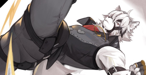 5_fingers anthro black_bottomwear black_clothing black_pants black_topwear bottomwear butler butt clothing fingers fist harness kick looking_at_viewer male pants red_eyes roundhouse_kick side_view simple_background solo topwear wind yukiusagi1983 mihoyo zenless_zone_zero von_lycaon canid canine canis mammal wolf 2022