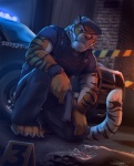 4_toes 5_fingers anthro barricade_tape car clothed clothing countershade_face countershading crouching detailed_background duo feet fingers fully_clothed fur gun hazard_stripes holding_gun holding_object holding_ranged_weapon holding_weapon male orange_body orange_fur pink_nose police ranged_weapon solo_focus toes vehicle weapon koul felid mammal pantherine tiger full-length_portrait portrait