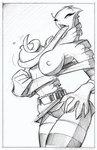 2008 anthro belt breast_lick breast_play breasts clothing comic conditional_dnp female fondling gecko greyscale hi_res jollyjack legwear licking lizard long_tongue monochrome nipples non-mammal_breasts non-mammal_nipples reptile scalie solo stockings tongue tongue_out torn_clothing transformation underwear