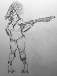 3_fingers 3_toes arm_tuft bottomwear breasts bullet_belt claws clothed clothing digitigrade fangs feathered_crest feathers feet female finger_claws fingers gun hand_on_hip head_crest holding_gun holding_object holding_ranged_weapon holding_shotgun holding_weapon leg_wrap looking_at_viewer non-mammal_breasts pants ranged_weapon shotgun simple_background snout solo standing teeth toe_claws toes tuft weapon sillyshroudedserpent halo_(series) microsoft xbox_game_studios alien avian kig-yar scalie t'vaoan 3:4 absurd_res hi_res monochrome